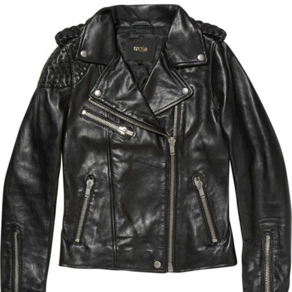 Maje Madone Black Leather Biker Jacket 38 Small Medium Moto Motorcycle 4 6